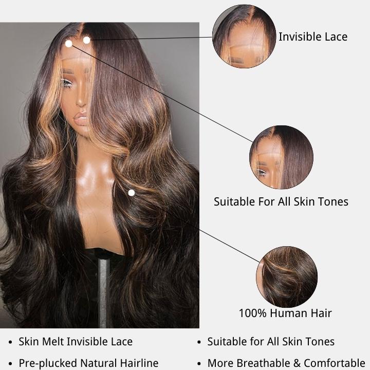 Glueless Skunk Stripe Color Human Hair Wigs Money Piece Brown Body Wave HD Transparent Lace Front Wigs -Amanda Hair