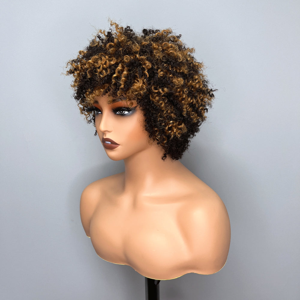 Flash Sale: Glueless Afro Kinky Curly Pixie Cut Bob Wig With Bangs Machine Human Hair Wig-Amanda Hair