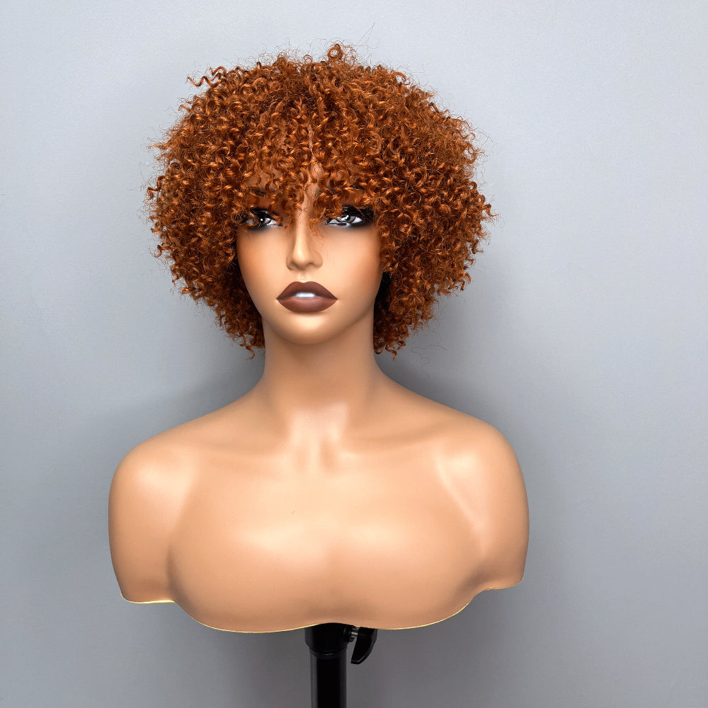 New 6 Inch Afro Kinky Curly Bob Wig With Bangs  Curly Pixie Cut Glueless Wig Machine Human Hair Wigs For Black Women No Code Needed  -Amanda Hair