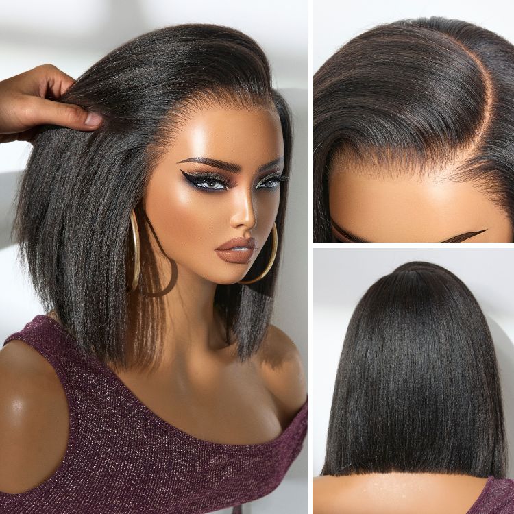 Yaki Straight Short Bob Wig Pre Everything 7x5 / 13x4 Lace Front Wig Put On and Go Glueless Natural Black Flash Sale-Amanda Hair