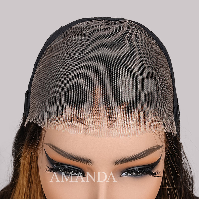 Pelucas de cabello humano con ondas corporales, sin pegamento, con encaje frontal transparente y resaltado rubio mezclado marrón para mujeres - Amanda Hair 