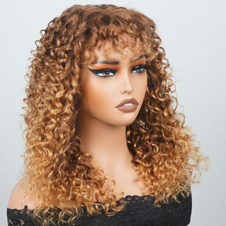 Summer Choice Fashion Short Curly Bob Lace Wigs with Bangs Transparent Highlight Blonde Mix Brown Glueless Lace Colored  Wigs No Code Needed  -Amanda Hair