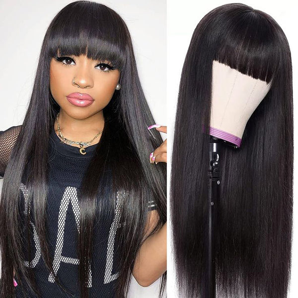 Buy 1 Get 1 Free Silk Straight Wigs With Bangs Machine Made Virgin Brazilian Hair Wig