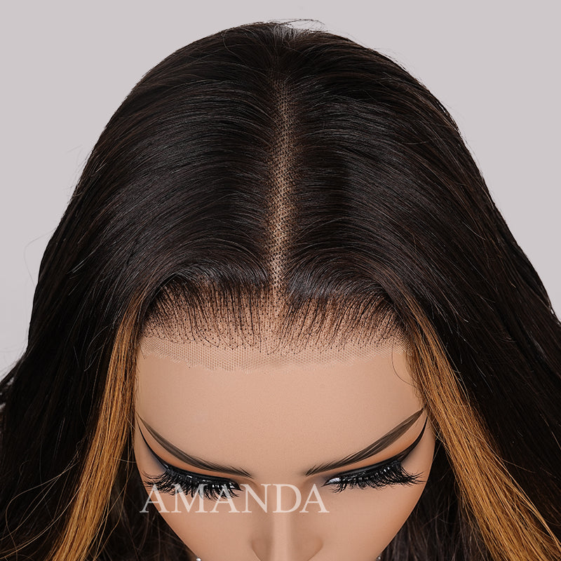 Pelucas de cabello humano con ondas corporales, sin pegamento, con encaje frontal transparente y resaltado rubio mezclado marrón para mujeres - Amanda Hair 