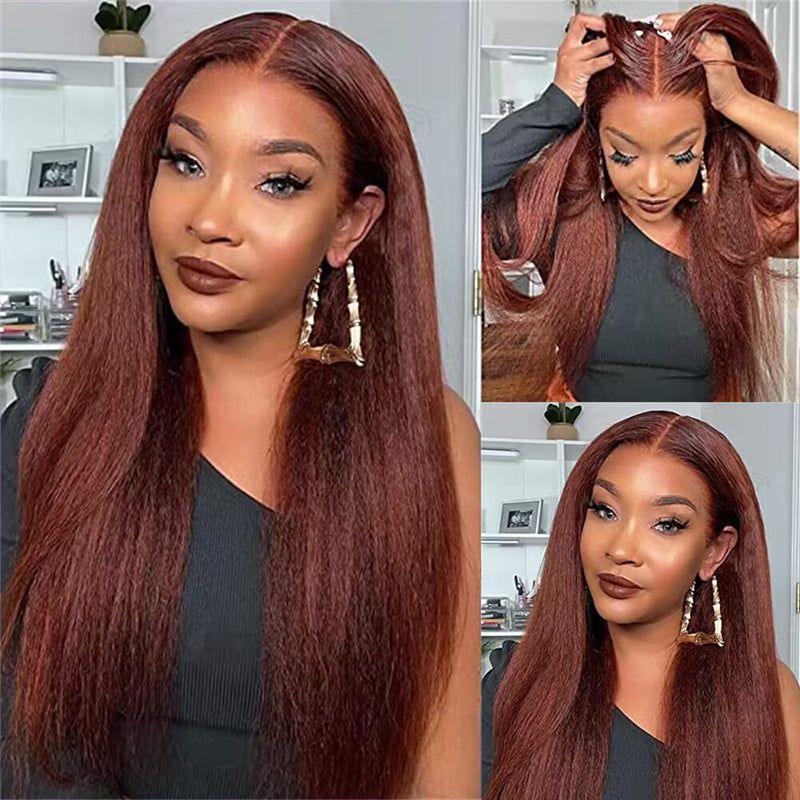Extra 60% OFF|  Kinky Straight Reddish Brown 13x4 Transparent Lace Front Wigs Flash Sale