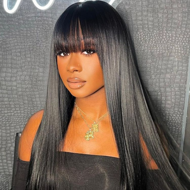Flash Sale Buy 2 Get 1 Free Wear&Go Long Straight 4x4 Transparent Lace Human Hair Wig With Bangs