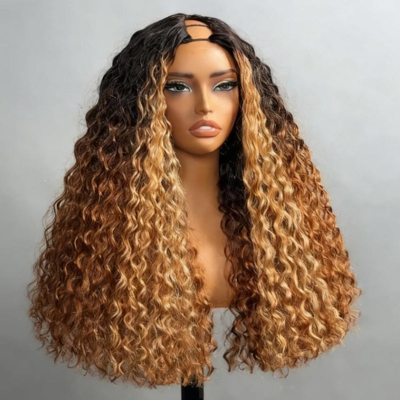 V Part Ombre Highlights Brown Water Wave Wig Hand-woven Invisible Drawstring Glue-free 100% Human Hair Beginner-friendly Flash Sale - Amanda Hair
