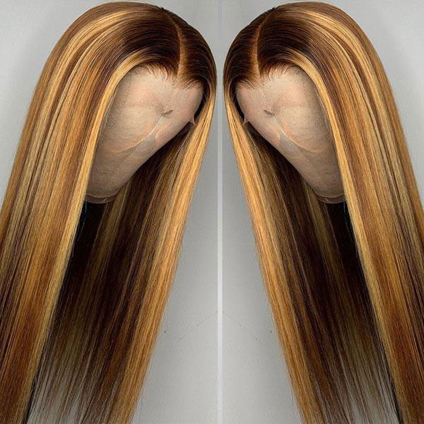 Glueless Sikly Straight Human Hair Clear Transparent Lace Front Highlihgt Honey Brown Piano  Colored Wigs For Women-Amanda Hair