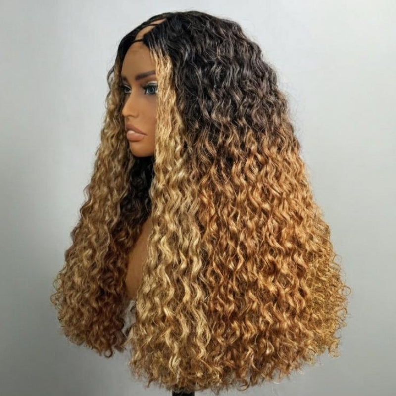 V Part Ombre Highlights Brown Water Wave Wig Hand-woven Invisible Drawstring Glue-free 100% Human Hair Beginner-friendly Flash Sale - Amanda Hair