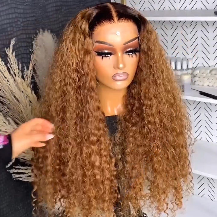 Weekend Flash Sale Caramel Brown Water Wave Lace Front Human Hair Wig Dark Root Lace Front Ombre Color Wig for Women-Amanda Hair