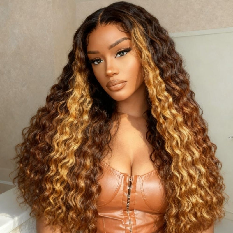 V Part Ombre Highlights Brown Water Wave Wig Hand-woven Invisible Drawstring Glue-free 100% Human Hair Beginner-friendly Flash Sale - Amanda Hair