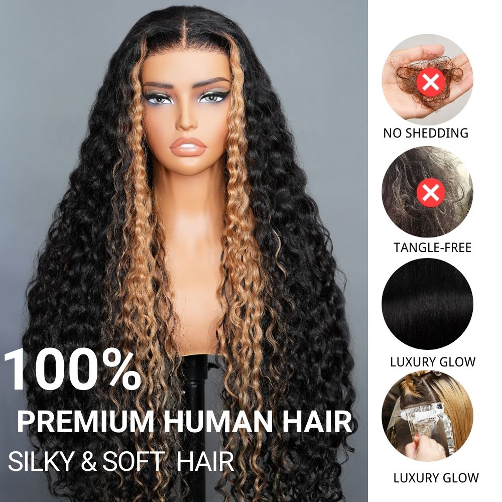 Put On and Go Glueless  Blonde Highlights on Luxurious Lace Frontal Deep Curly Wave Wig - Clear Transparent Lace Front/Closure Wig Same Price as Tiktok Flash Sale - Amanda Hair