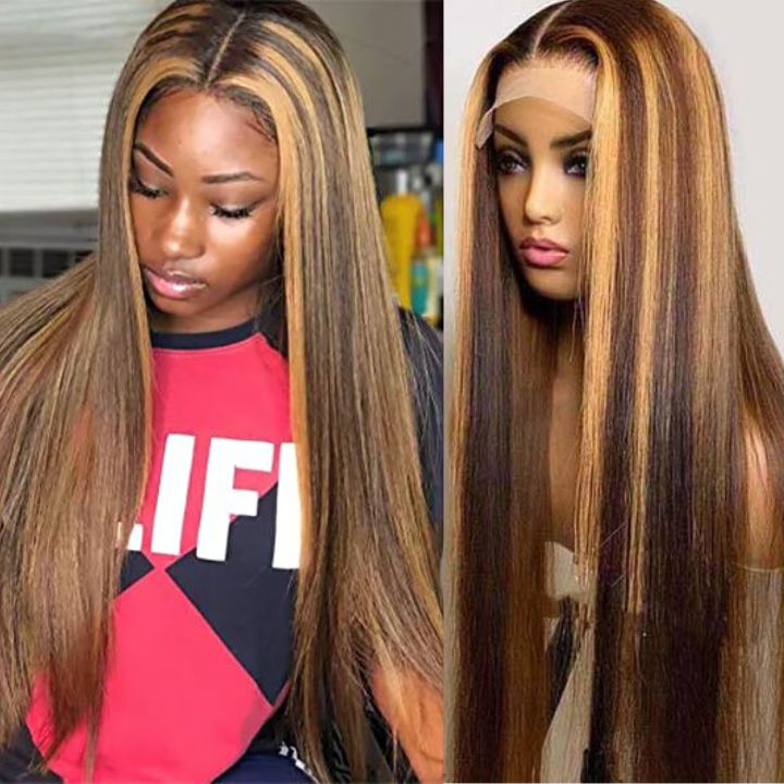 Glueless Sikly Straight Human Hair Clear Transparent Lace Front Highlihgt Honey Brown Piano  Colored Wigs For Women-Amanda Hair