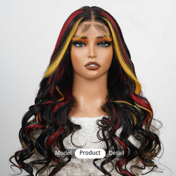 Highlight Red & Yellow Transparent  Lace Front Loose Wave Colored Wigs Human Hair -Amanda Hair