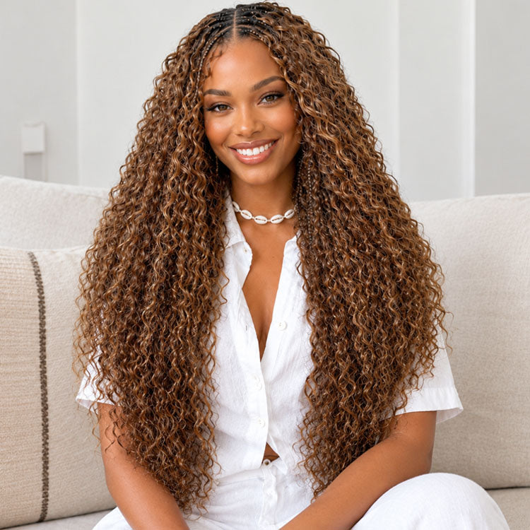 Peluca de cabello humano con rizos sueltos y exquisitos sin pegamento con raya trenzada, cabello humano 100 % negro natural, peluca con frente de encaje transparente y cierre - Amanda Hair