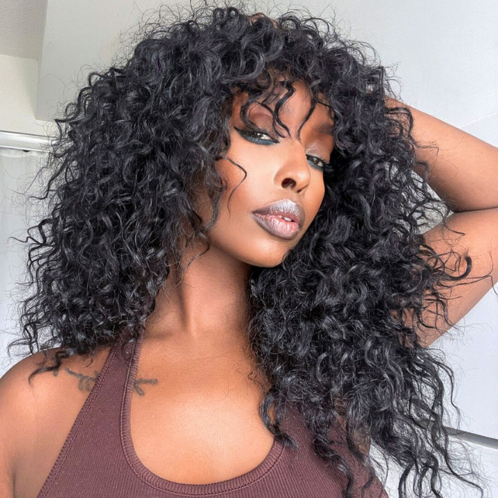 Glueless Water Wave Clear Transparent Lace Front Short Curly Wigs with Bangs For Women-Amanda Hair