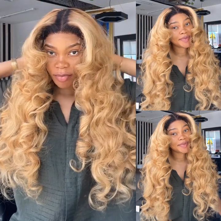 Highlights  Honey Blonde Loose Wave Lace Front Wig Human Hair Dark Root  Pre Plucked Lace Colored Wig -AmandaHair