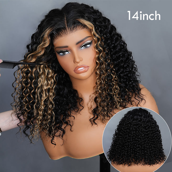 Put On and Go Glueless  Blonde Highlights on Luxurious Lace Frontal Deep Curly Wave Wig - Clear Transparent Lace Front/Closure Wig Same Price as Tiktok Flash Sale - Amanda Hair
