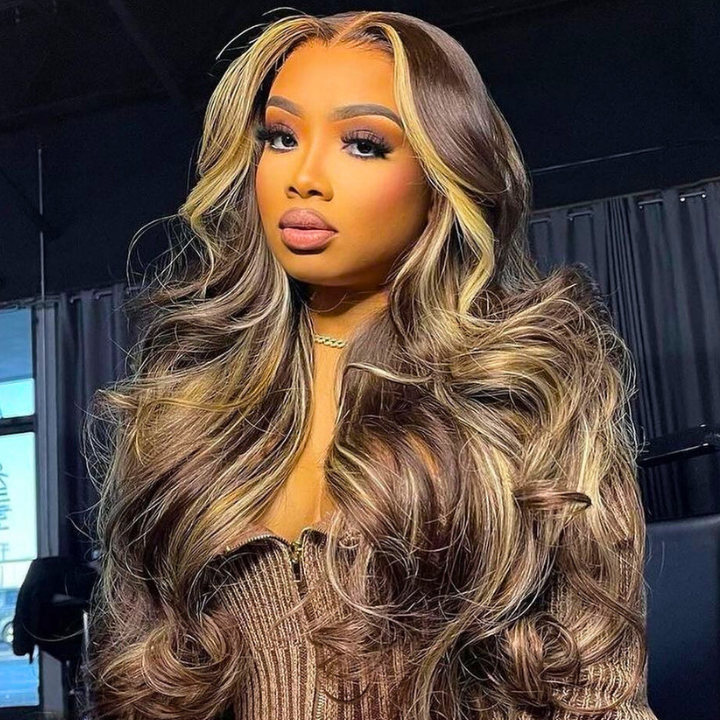Glueless Invisiable Honey Blonde Highlight Body Wave 13x4 Lace Front Wigs Human Hair Ombre Color Wig