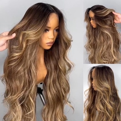 Amanda Highlight Honey Blonde Mix Brown Loose Wave Glueless 13x4 HD Transparent Pre Everything Lace Front Human Wigs