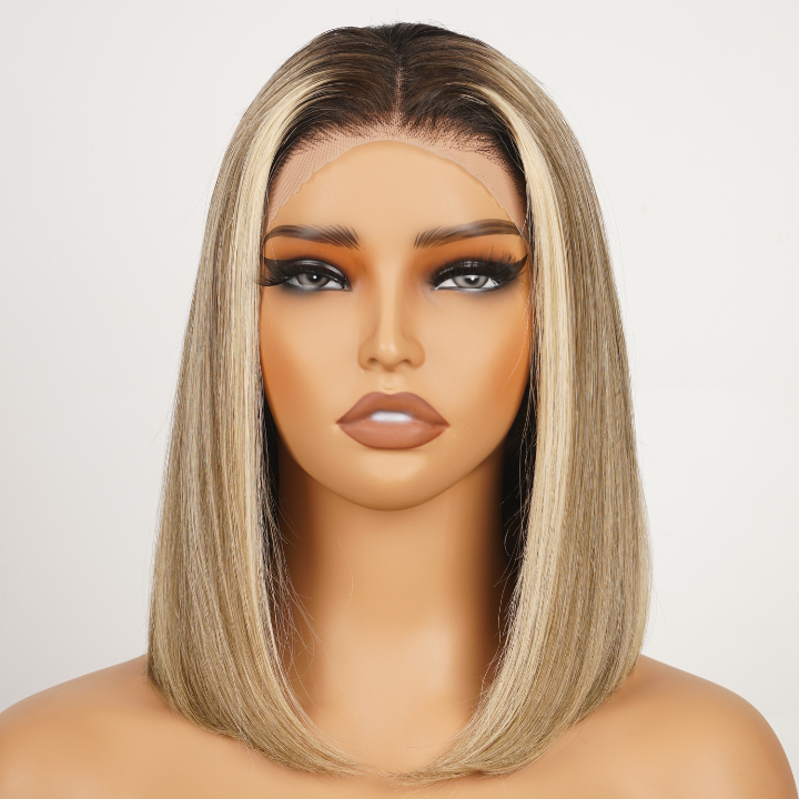 Ombre Ash Blonde Brazilian Straight Short Bob Wigs Transparent Lace Frontal Wig Pre Plucked Glueless Lace Wigs No Code Needed -Amanda Hair Clearance Flash Sale