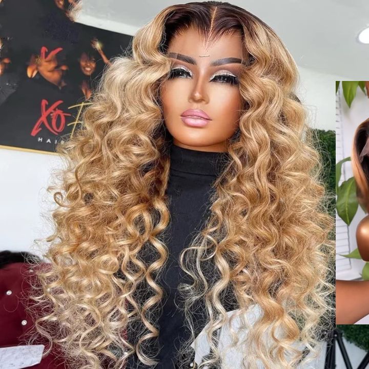 Glueless Ombre Honey Blonde Colored Loose Wave HD 7x5 Lace ClosureWig Transparent 13x4 Lace Front Human Hair Wigs Pre Plucked Bomb Wave Human Hair Wigs for Women Pre Plucked with Baby Hair