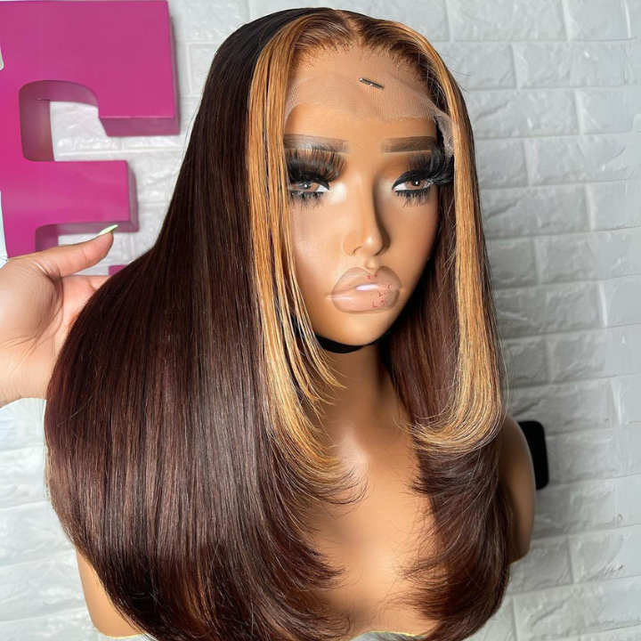 Highlight Brown Brazilian Straight Short Bob Layer Glueless  Lace Wigs Transparent Pre Plucked Hairline No Code Needed-Amanda Hair