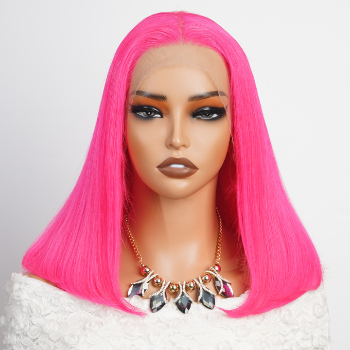 Peach Red Straight Human Hair Pink Bob Color Lace Front /Closure Wig -Amanda Hair