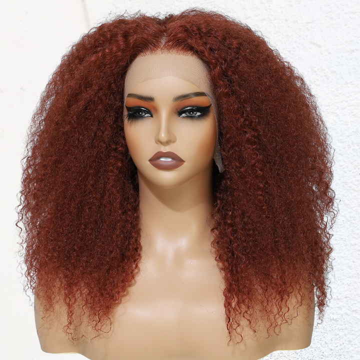 Glueless Thick Fluffy Afro Curly Human Hair Reddish Brown Wigs 13*4/4*4 Invisible Lace Wig For Women No Code Needed -Amanda Hair