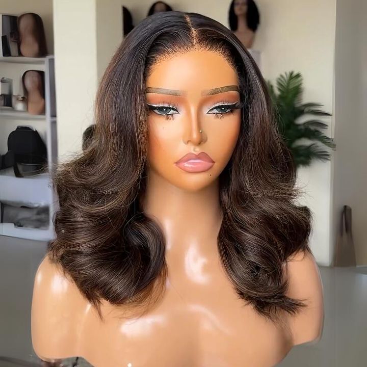 Highlight Body Wave Ombre Light Brown Mix Nature Black  13x4 Lace Frontal /4x4 Lace Closure Colored Bob Wigs Human Hair With Baby Hair - Amanda Hair
