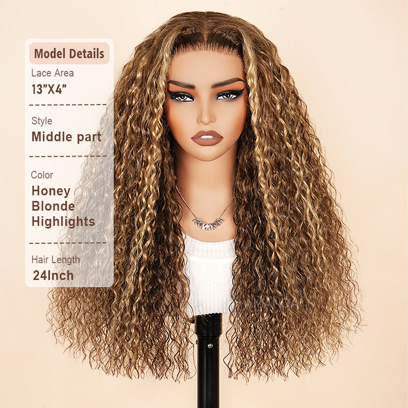 Glueless Honey Blonde Water Wave 13x4 Lace Front Highlighted Color Burmese Curly Put On And Go Human Hair Wig