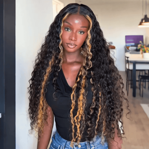 Buy 1 Get 1 Free Blonde Highlights Luxurious Deep Curly Wave Glueless Put On & Go HD Lace Front Wig