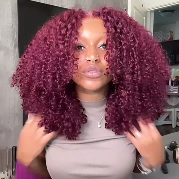 Peluca con malla Frontal Borgoña 99J pelucas de cabello humano rizado de color HD transparente 13X4 peluca con malla Frontal prearrancada peluca de pelo rojo-Amanda Hair
