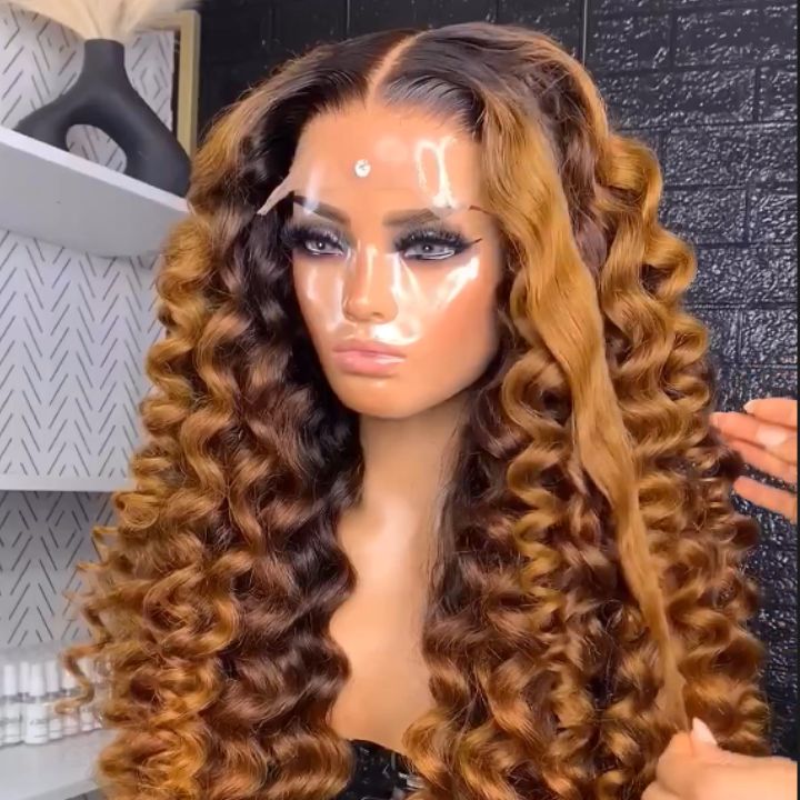 Glueless Caramel Brown Water Wave Lace Front Human Hair Wig Dark Root Ombre Color Lace Wig for Women-Amanda Hair