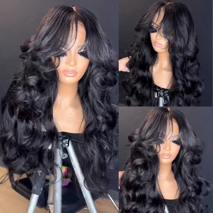 Curtain Bangs Loose Wave Glueless Lace Front Wigs with  Clear Transparent HD Lace Nature Wave Wig For Women No Code Needed -Amanda Hair
