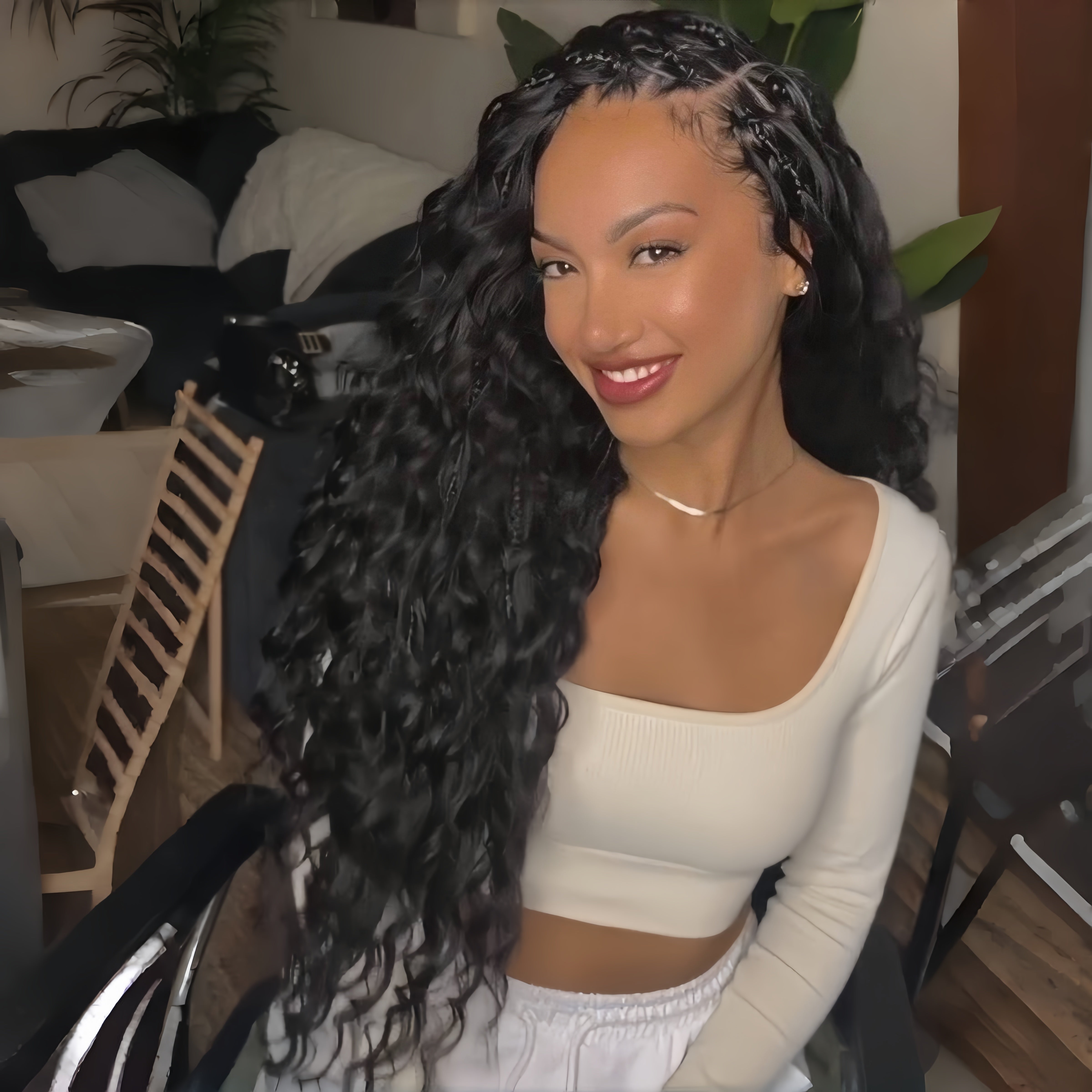 Glueless Exquisite Long Loose Curls with Braided Parting Transparent Lace Human Hair Wig-Amanda Hair