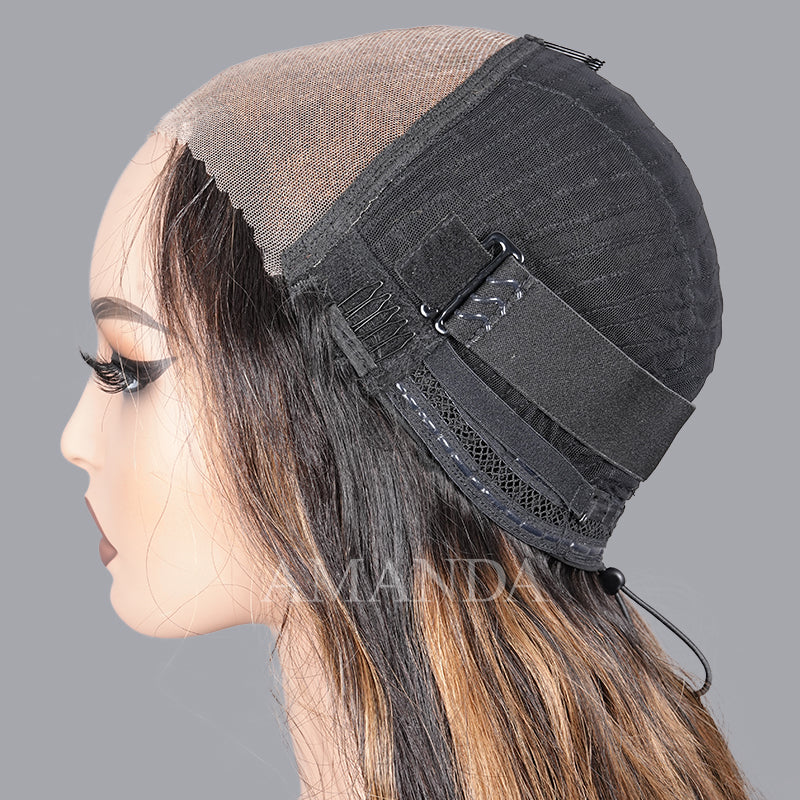 Pelucas de cabello humano con ondas corporales, sin pegamento, con encaje frontal transparente y resaltado rubio mezclado marrón para mujeres - Amanda Hair 
