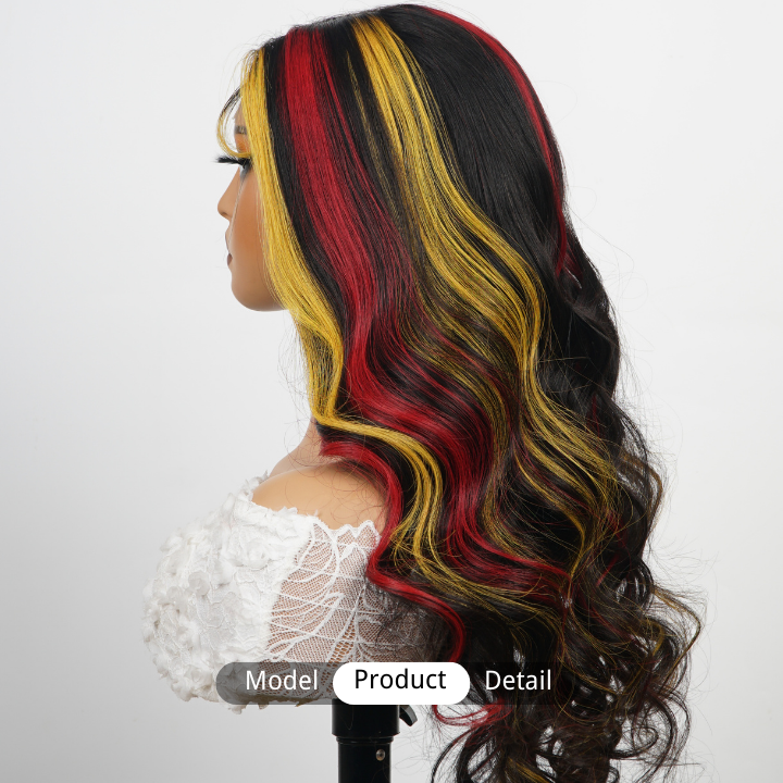 Highlight Red & Yellow Transparent  Lace Front Loose Wave Colored Wigs Human Hair -Amanda Hair