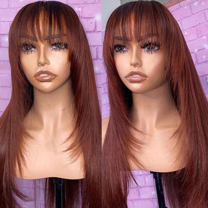 Weekend Flash Sale Lace Front Wigs Layered Haircut Glueless Silky Straight Human Hair Wigs With Bangs Throw On & Go Workout Wigs