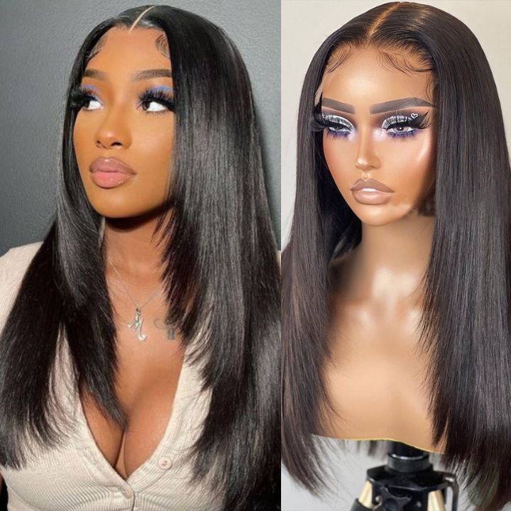 Flash Sale Glueless Layered Haircut Lace Closure Straight Wigs Silky Human Hair Wigs Throw On & Go Workout Wigs
