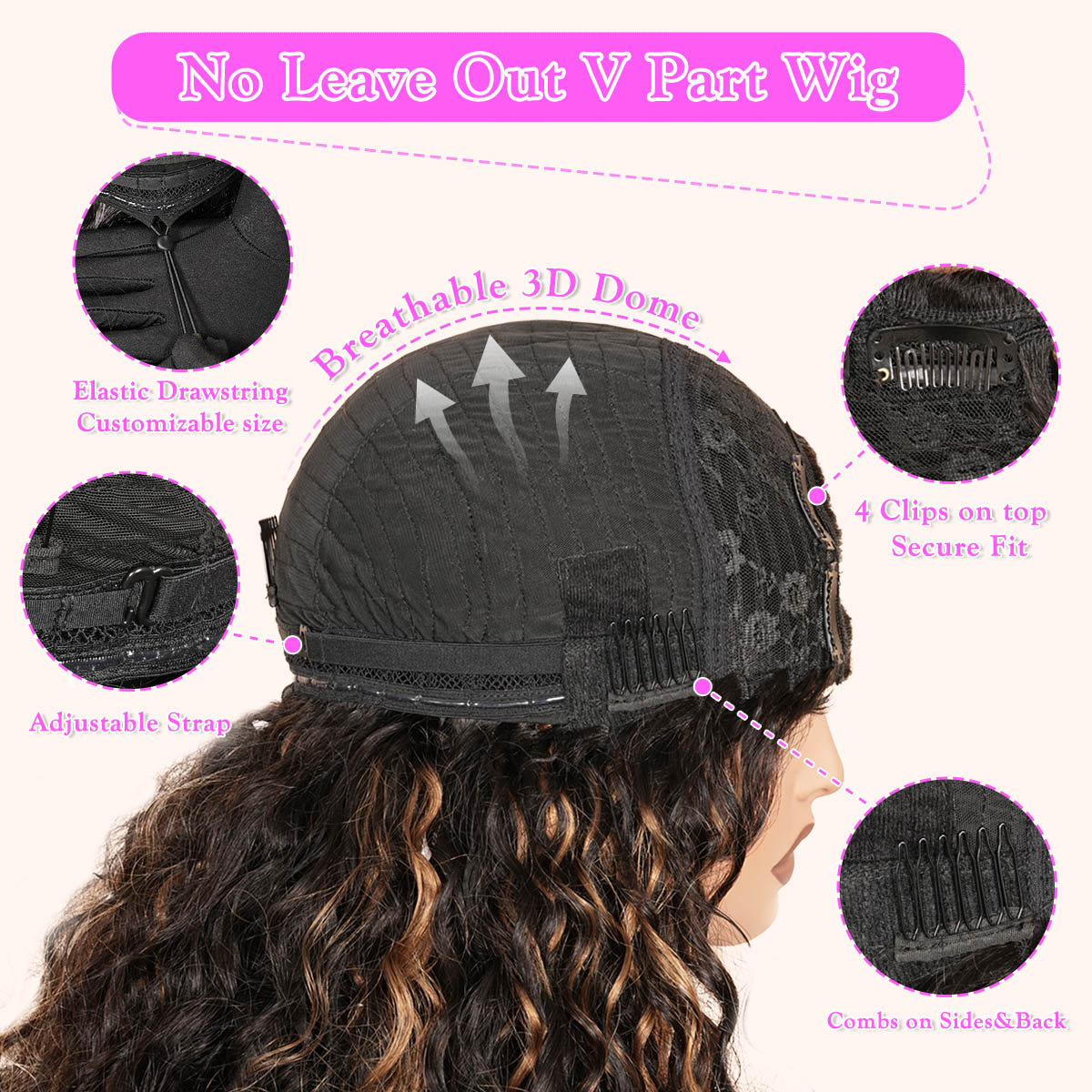 V Part Highlight Brown Water Wave Wig Handwoven Invisible Drawstring Glueless 100% Human Hair  Beginner Friendly Flash Sale-Amanda Hair