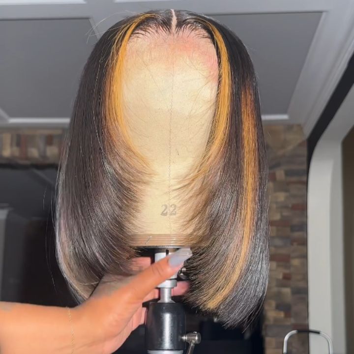 Glueless Highlight Blonde Brazilian Straight Short Bob Lace Wigs Transparent 13x4 Lace Pre Plucked Hairline 180% Density No Code Needed -Amanda Hair