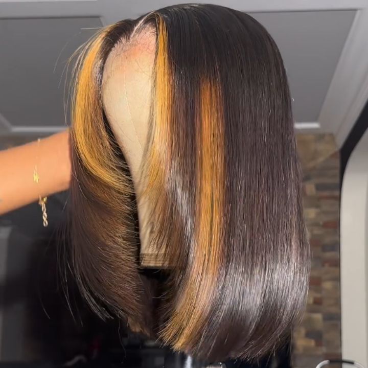 Glueless Highlight Blonde Brazilian Straight Short Bob Lace Wigs Transparent 13x4 Lace Pre Plucked Hairline 180% Density No Code Needed -Amanda Hair