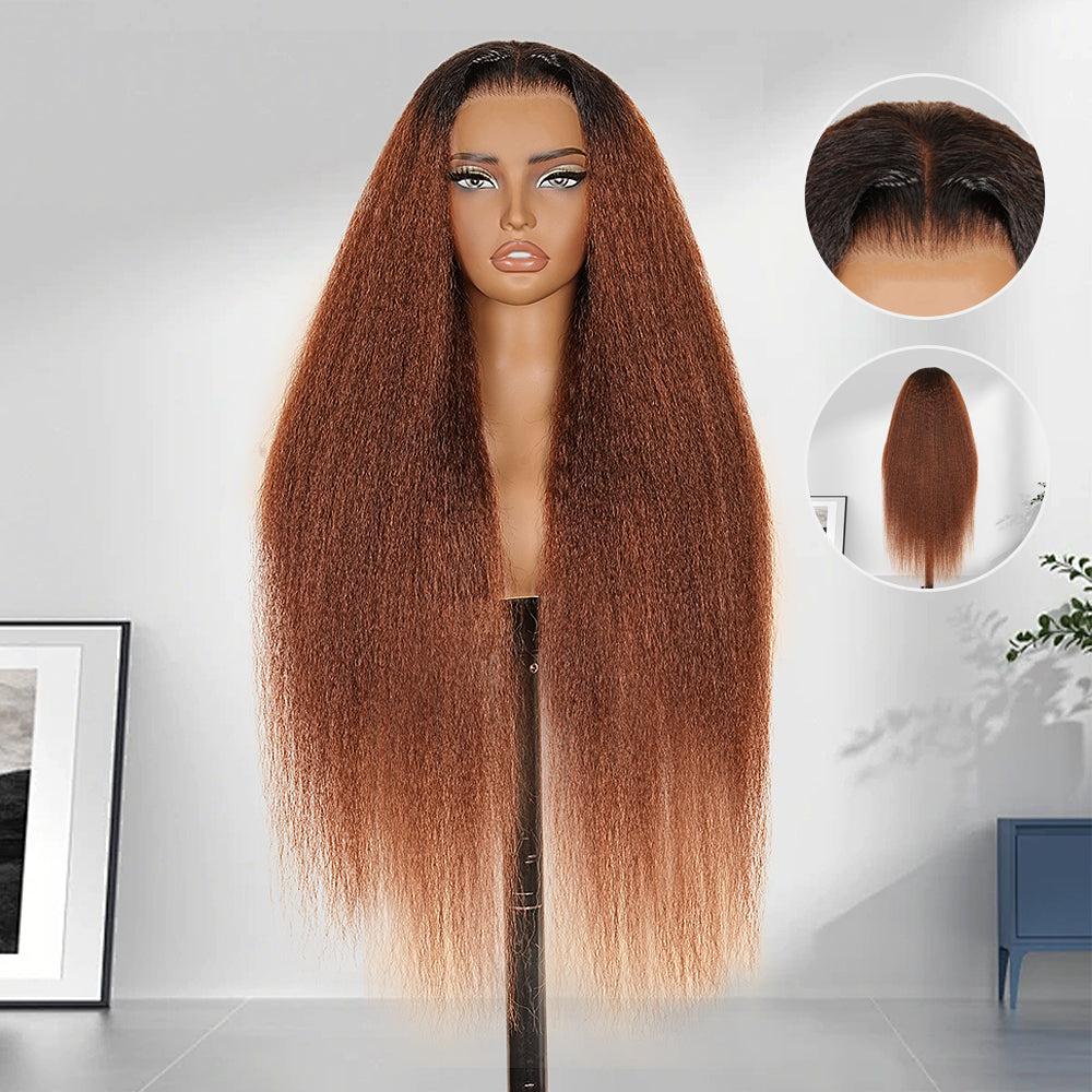 Kinky Straight Reddish Brown / Highlight Brown / Natural Color 13x4 Transparent Lace Front Wigs 100% Human Hair Wigs