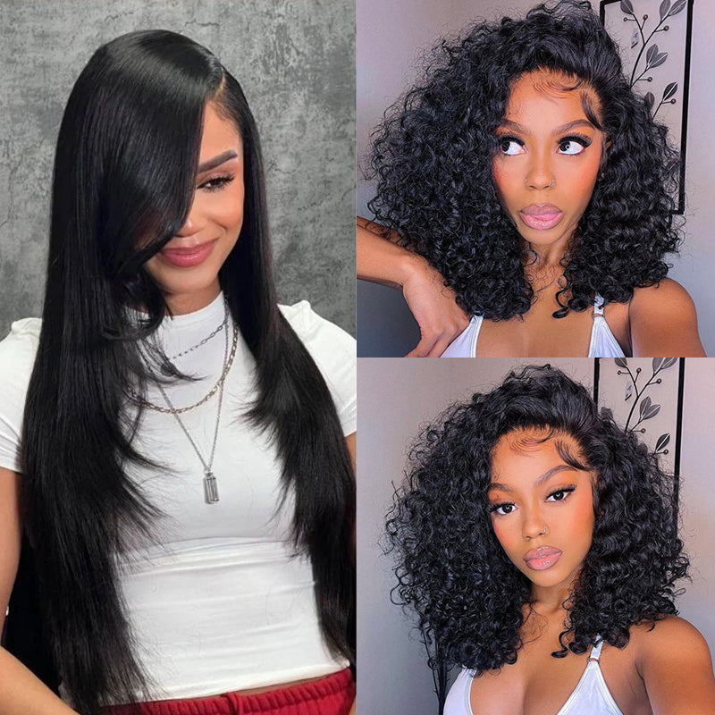 24H Fast Shipping 26'' 7×5 Glueless Lace Yaki Straight Butterfly Layered Cut +16'' 13×4 Lace Curly Bob Wigs