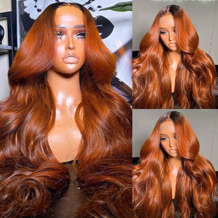 Extra 60% OFF | Flash Sale Dark Root Ginger Colored Body Wave 13x4 Lace Front /4*4 Lace Closure Wigs With Baby Hair - Amanda Hair