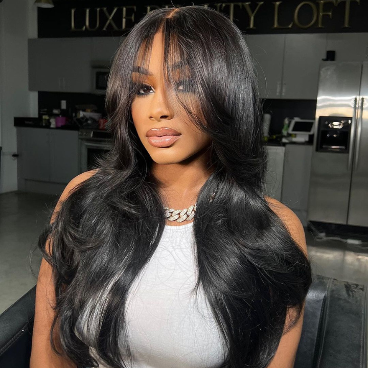 48H Fast Shipping Glueless Body Wave Hair Clear Transparent Lace Front Wigs with Curtain Bangs For Women-Amanda Hair