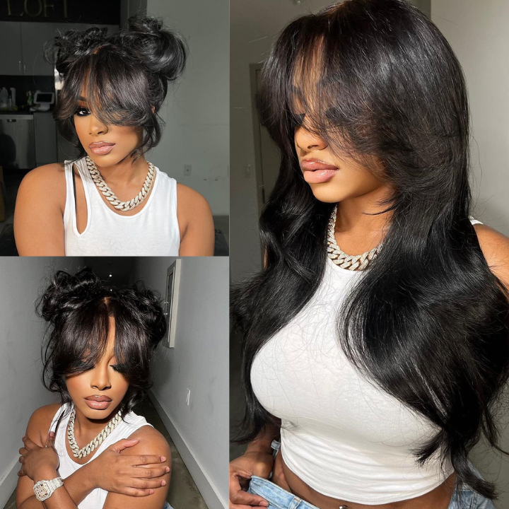 48H Fast Shipping Glueless Body Wave Hair Clear Transparent Lace Front Wigs with Curtain Bangs For Women-Amanda Hair