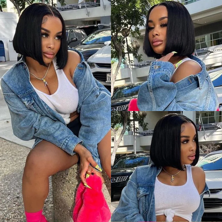 Cheveux raides courts Bob perruque 13*4/4*4 cheveux humains Lace Front Bob perruques-Amanda cheveux