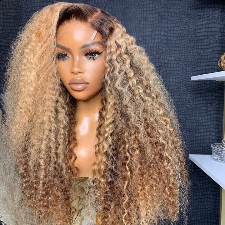 Highlight Color Honey Blonde Curly HD Transparent Lace Front/Closure Wig With Brown Roots- Amanda Hair